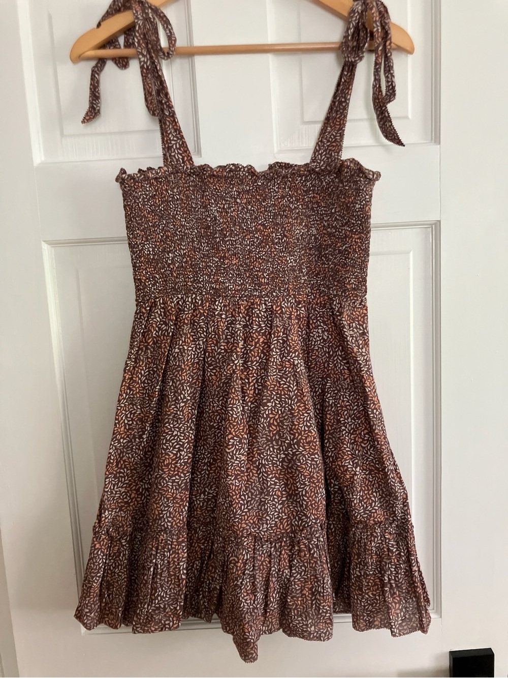 aerie Brown Printed Smocked Tie-Shoulder Sundress Medium